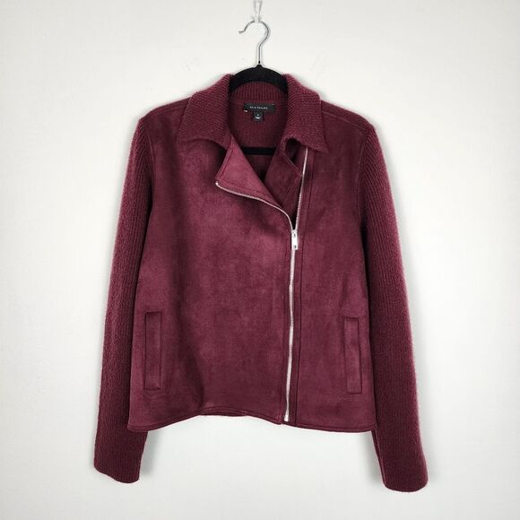 Ann Taylor Moto Jacket Faux Suede Knit Zip Sweater Burgundy Size M - Picture 14 of 14